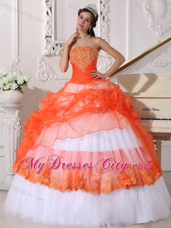 Orange and White Strapless Quinceanera Gowns with Appliques