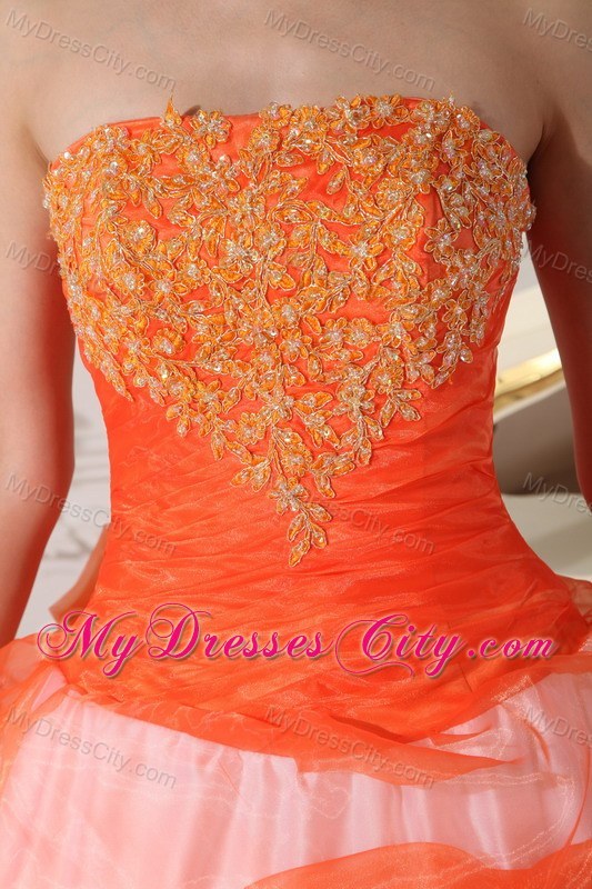 Orange and White Strapless Quinceanera Gowns with Appliques