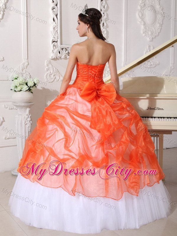 Orange and White Strapless Quinceanera Gowns with Appliques