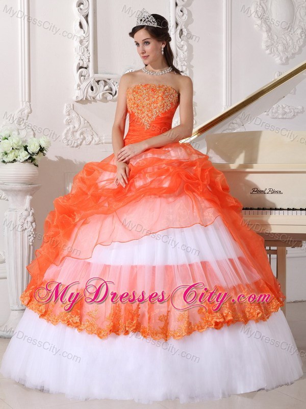 Orange and White Strapless Quinceanera Gowns with Appliques