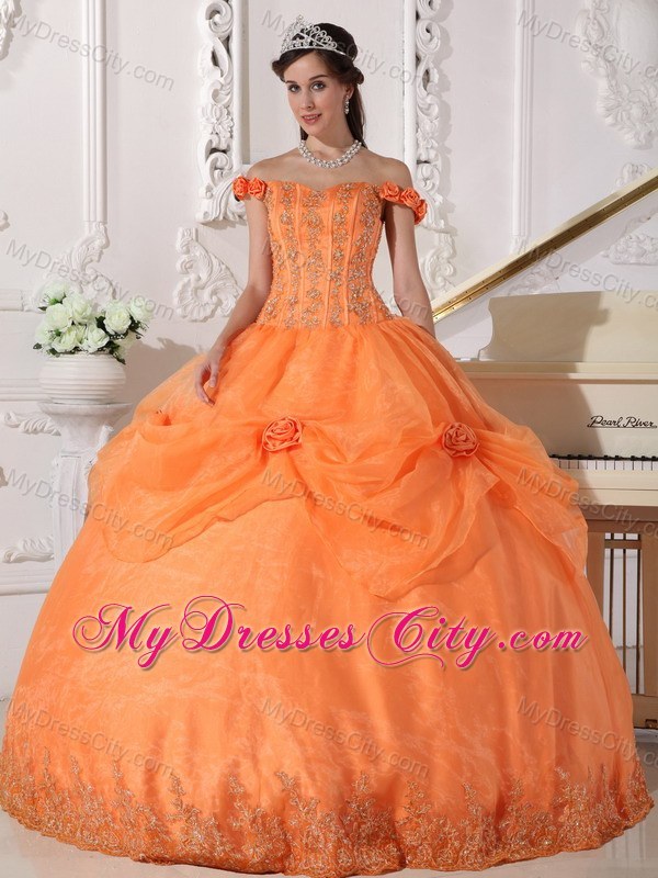 Orange Off The Shoulder Organza Quinceanera with Flowers