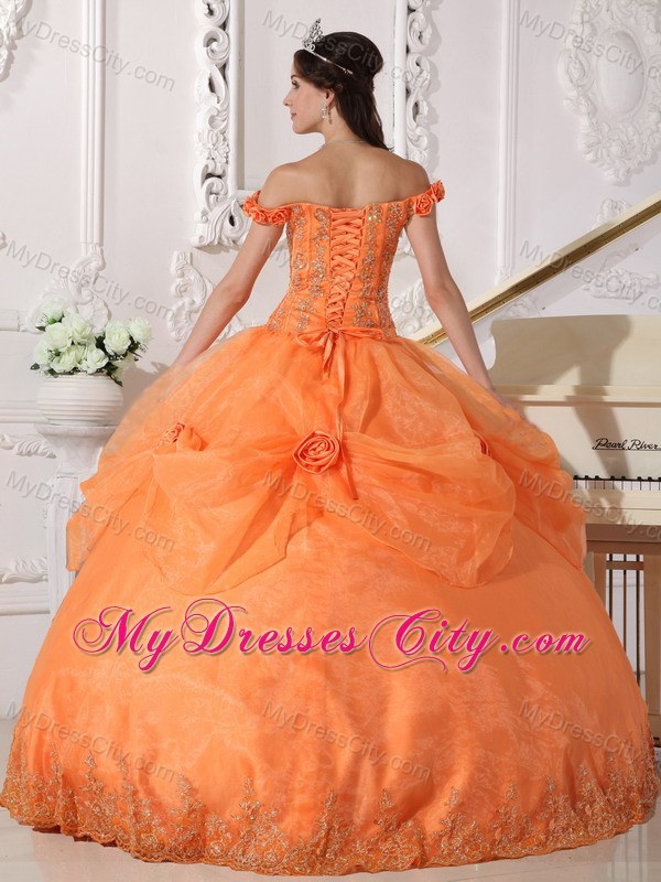 Orange Off The Shoulder Organza Quinceanera with Flowers