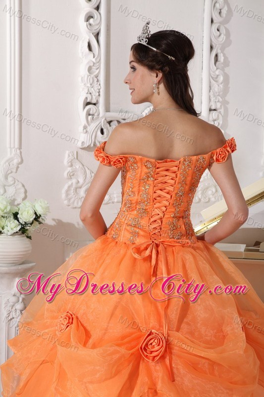 Orange Off The Shoulder Organza Quinceanera with Flowers