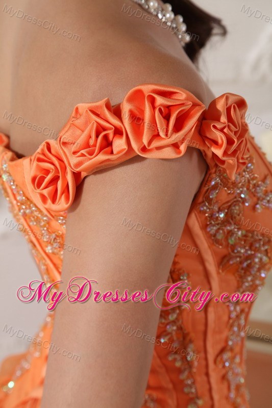 Orange Off The Shoulder Organza Quinceanera with Flowers