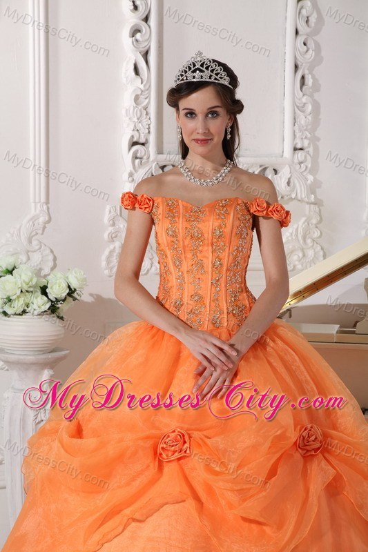 Orange Off The Shoulder Organza Quinceanera with Flowers