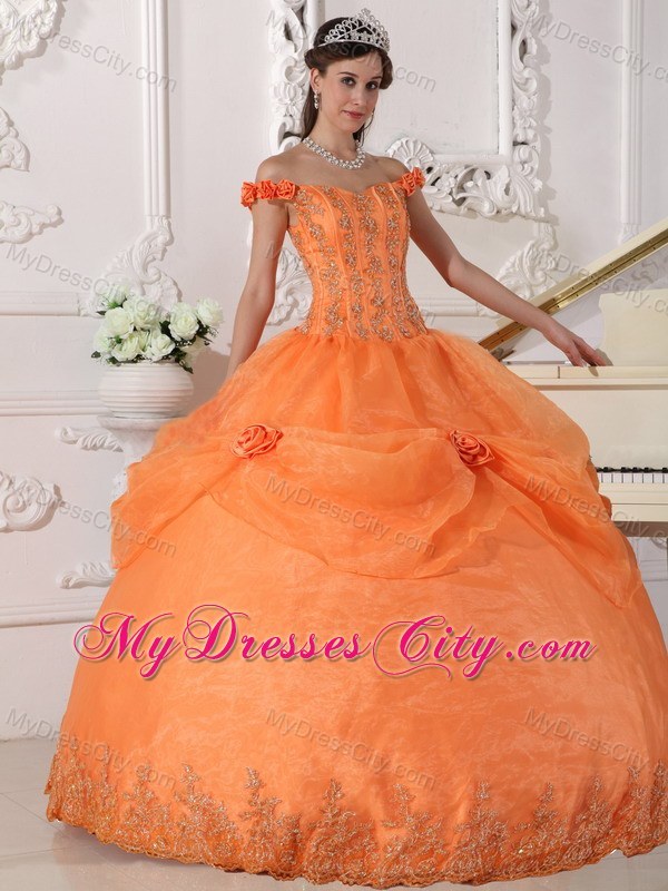 Orange Off The Shoulder Organza Quinceanera with Flowers