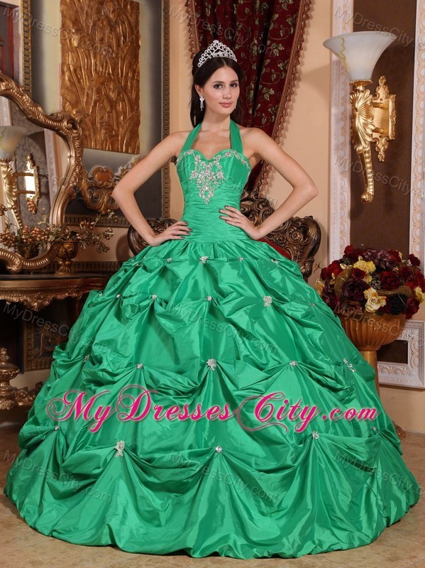 Green Halter Top Taffeta Appliques Quinceanera Dress