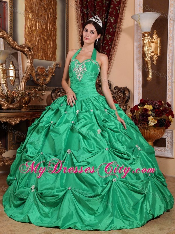 Green Halter Top Taffeta Appliques Quinceanera Dress