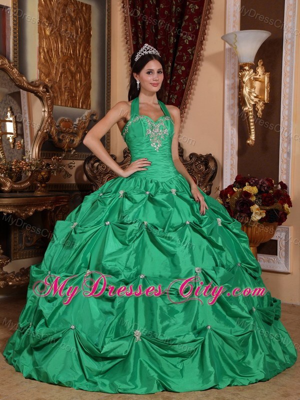 Green Halter Top Taffeta Appliques Quinceanera Dress