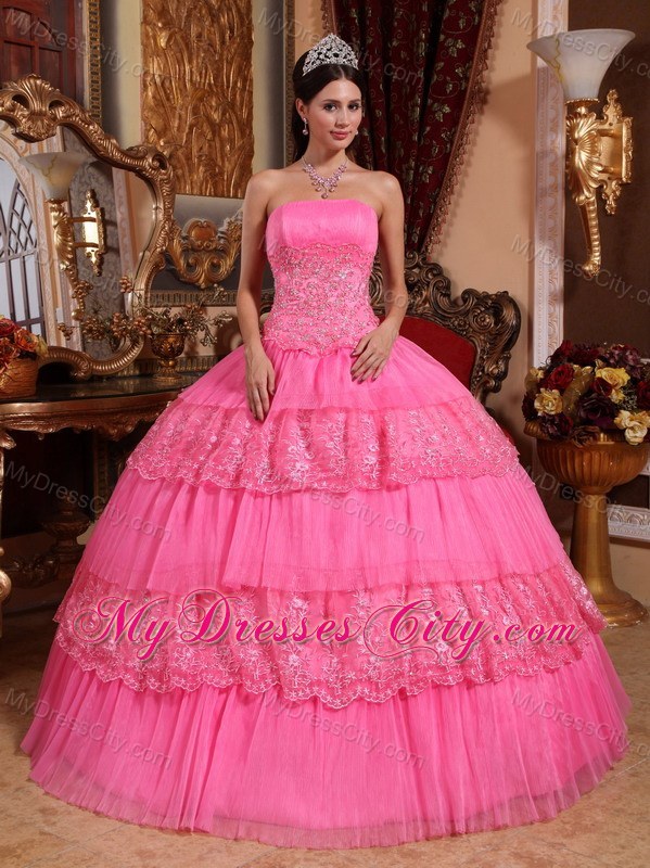 Luxury Lace Appliques and Pleats Quinceanera Dress in Pink