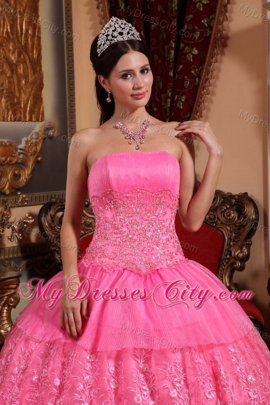 Luxury Lace Appliques and Pleats Quinceanera Dress in Pink