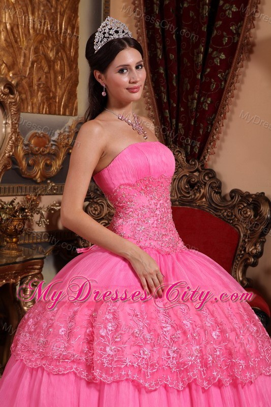 Luxury Lace Appliques and Pleats Quinceanera Dress in Pink