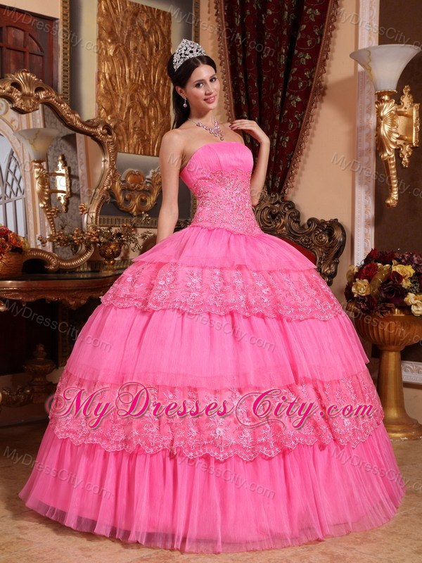 Luxury Lace Appliques and Pleats Quinceanera Dress in Pink