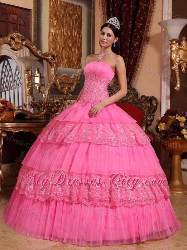 Luxury Lace Appliques and Pleats Quinceanera Dress in Pink