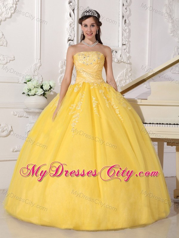 Exquisite Yellow Taffeta and Tulle Appliques Quinceanera Dress