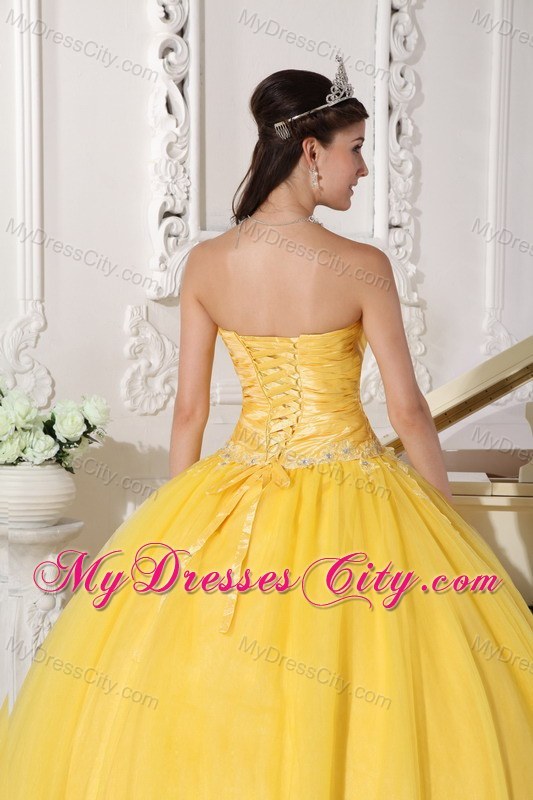 Exquisite Yellow Taffeta and Tulle Appliques Quinceanera Dress