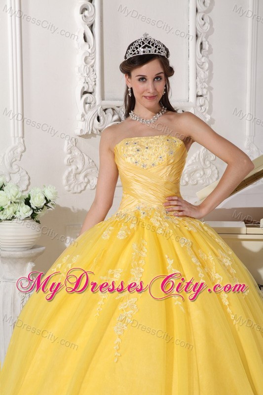 Exquisite Yellow Taffeta and Tulle Appliques Quinceanera Dress