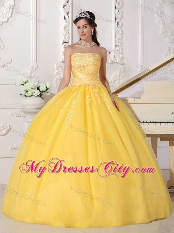 Exquisite Yellow Taffeta and Tulle Appliques Quinceanera Dress