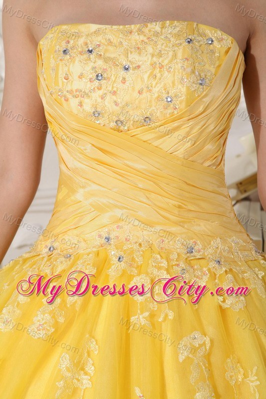 Exquisite Yellow Taffeta and Tulle Appliques Quinceanera Dress