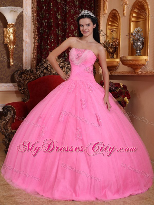 Strapless Rose Pink Tulle Quinceanera Dress with Beading