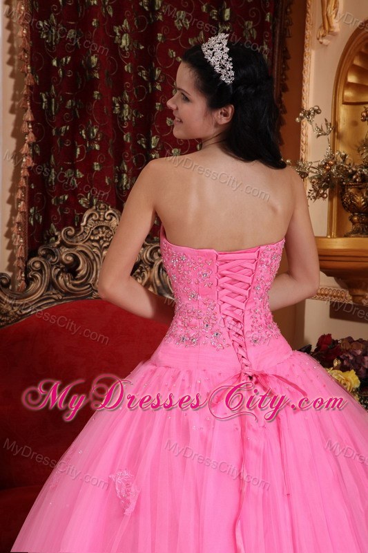 Strapless Rose Pink Tulle Quinceanera Dress with Beading