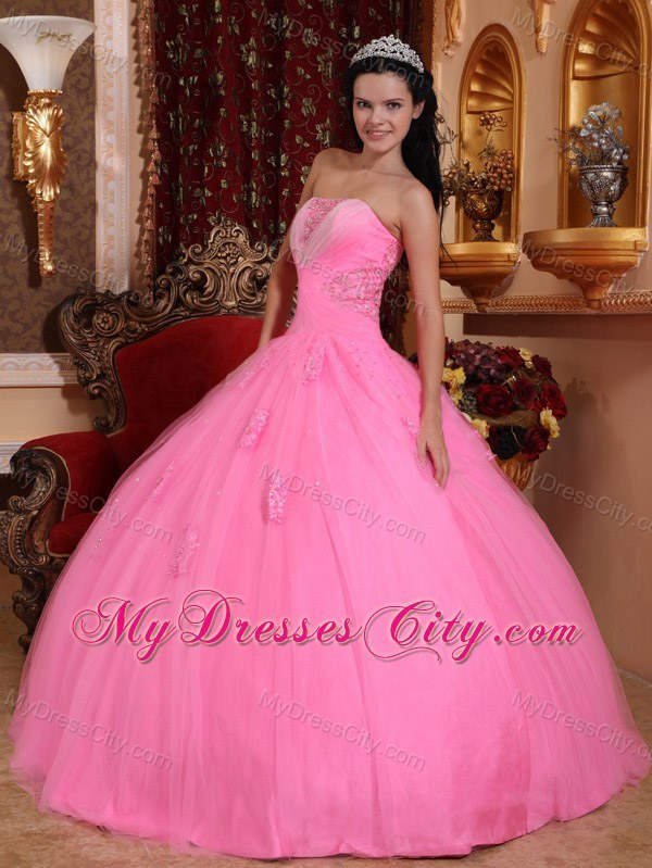 Strapless Rose Pink Tulle Quinceanera Dress with Beading