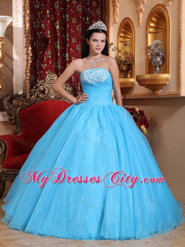 Fast Delivery Aqua Strapless Appliques Quinceanera Gowns 2013