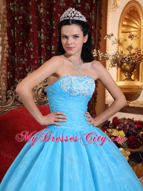 Fast Delivery Aqua Strapless Appliques Quinceanera Gowns 2013