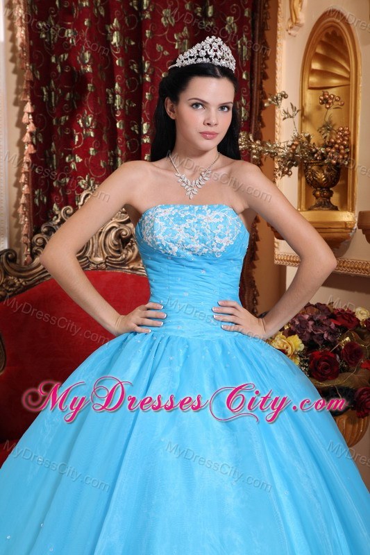 Fast Delivery Aqua Strapless Appliques Quinceanera Gowns 2013