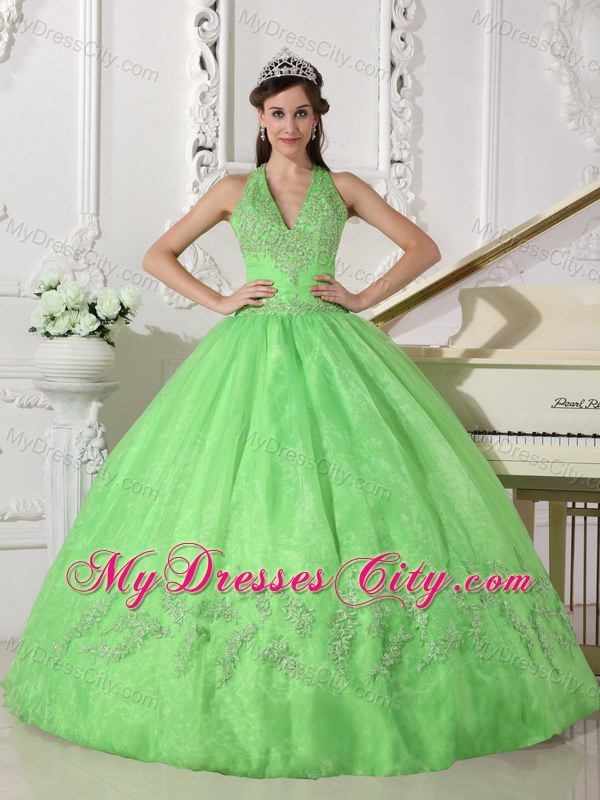 Halter Spring Green Romantic Organza Appliques Sweet 15 Dress