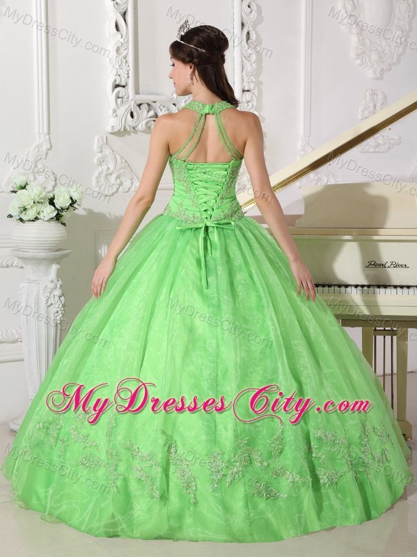 Halter Spring Green Romantic Organza Appliques Sweet 15 Dress