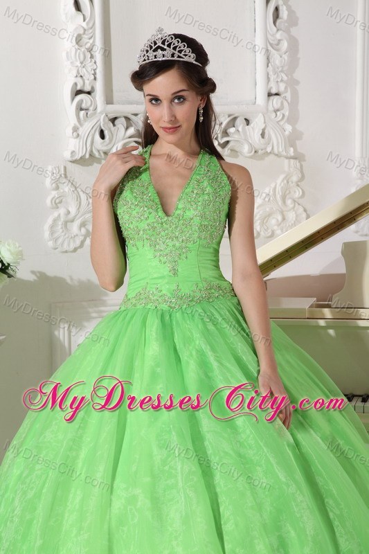 Halter Spring Green Romantic Organza Appliques Sweet 15 Dress