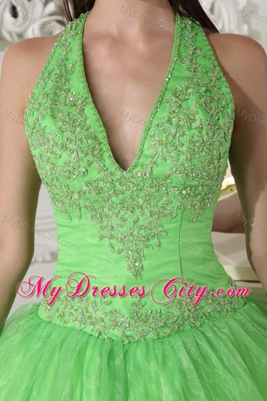 Halter Spring Green Romantic Organza Appliques Sweet 15 Dress