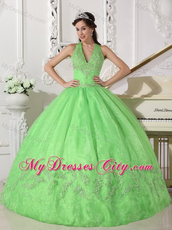 Halter Spring Green Romantic Organza Appliques Sweet 15 Dress