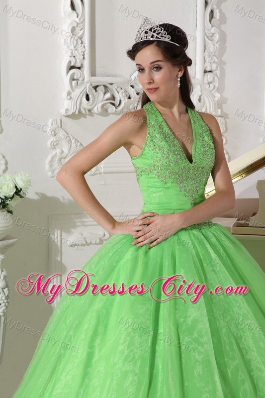 Halter Spring Green Romantic Organza Appliques Sweet 15 Dress