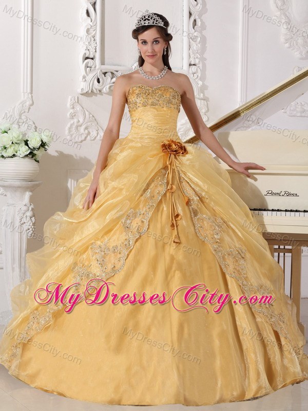 Gold Strapless Organza Embroidery with Beading Quinceanera Dress