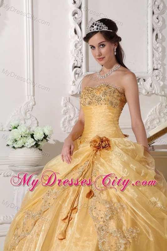 Gold Strapless Organza Embroidery with Beading Quinceanera Dress