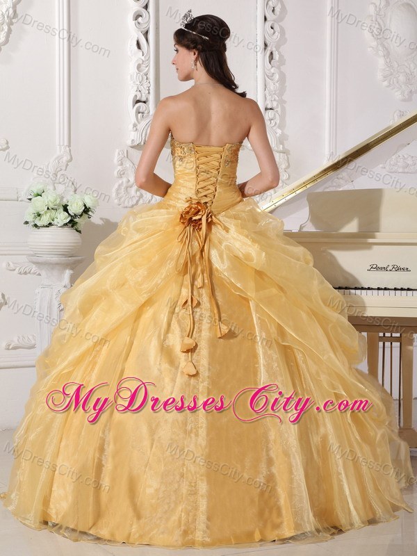 Gold Strapless Organza Embroidery with Beading Quinceanera Dress