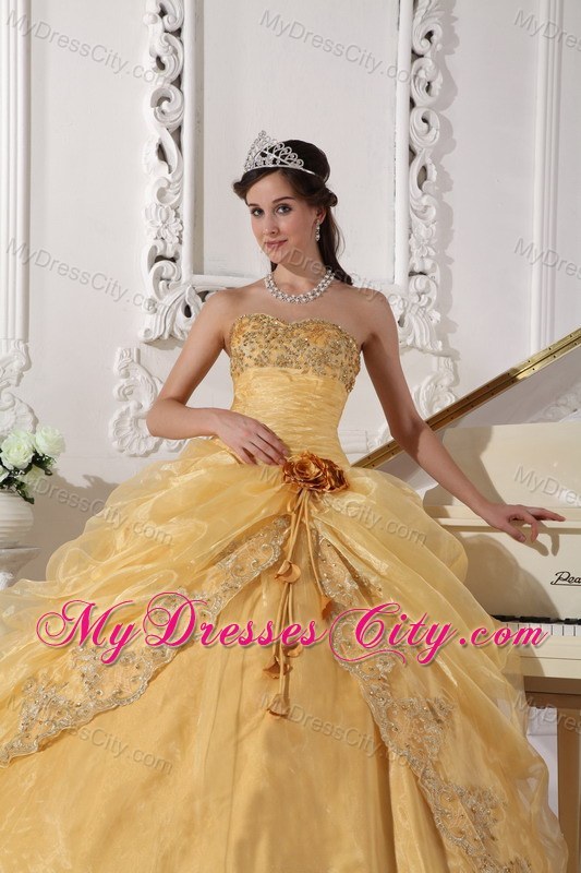 Gold Strapless Organza Embroidery with Beading Quinceanera Dress