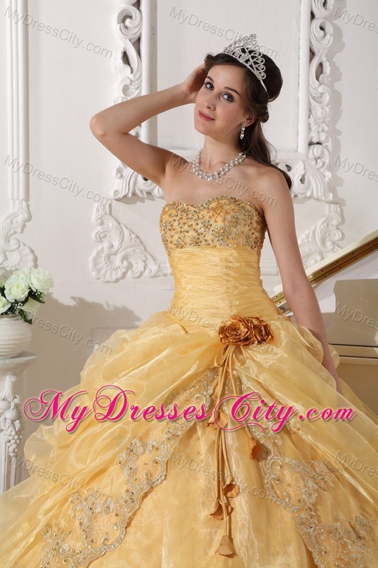 Gold Strapless Organza Embroidery with Beading Quinceanera Dress