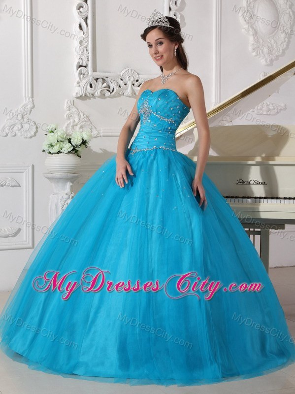 Beading Tulle Strapless Teal Quinceanera Dress for Girls