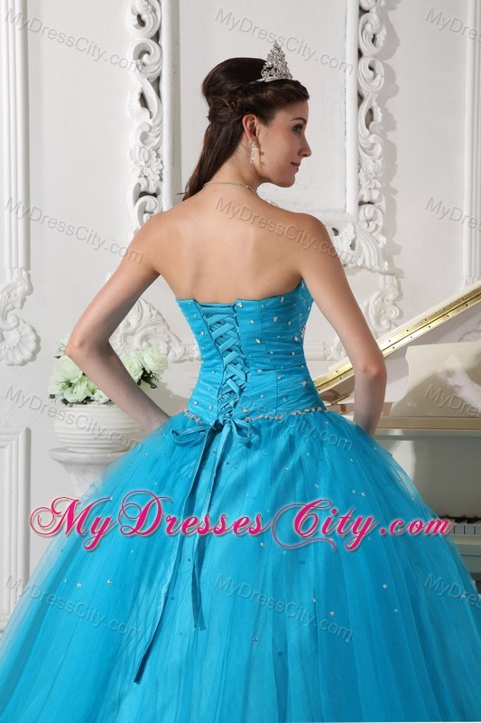 Beading Tulle Strapless Teal Quinceanera Dress for Girls