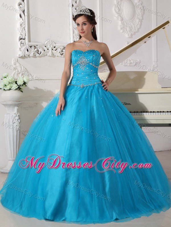 Beading Tulle Strapless Teal Quinceanera Dress for Girls