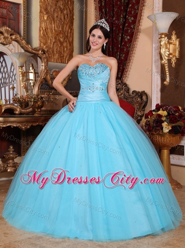 Aqua Sweetheart Beading and Ruches Quinceanera Party Dress