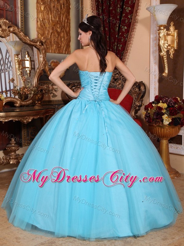 Aqua Sweetheart Beading and Ruches Quinceanera Party Dress