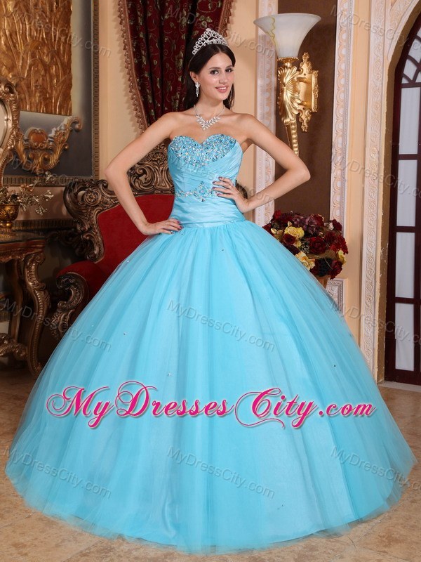 Aqua Sweetheart Beading and Ruches Quinceanera Party Dress