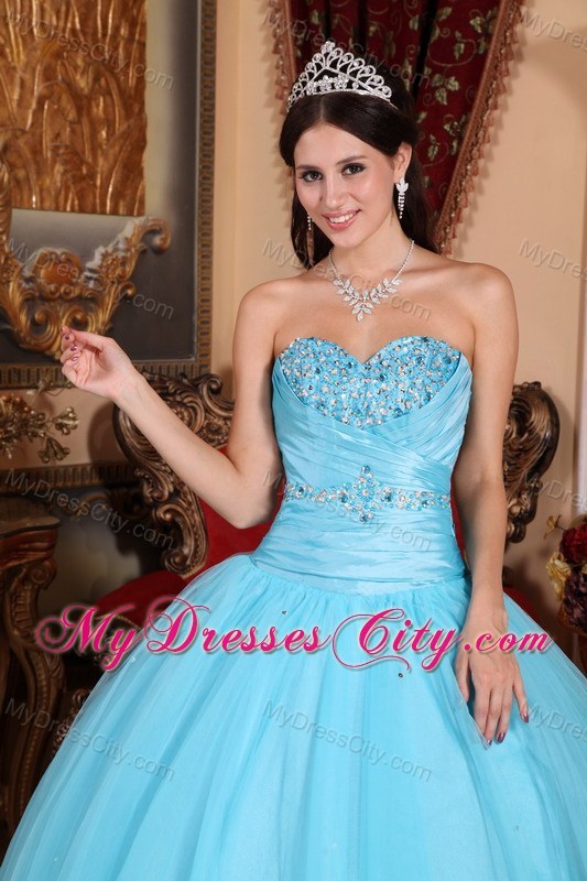 Aqua Sweetheart Beading and Ruches Quinceanera Party Dress