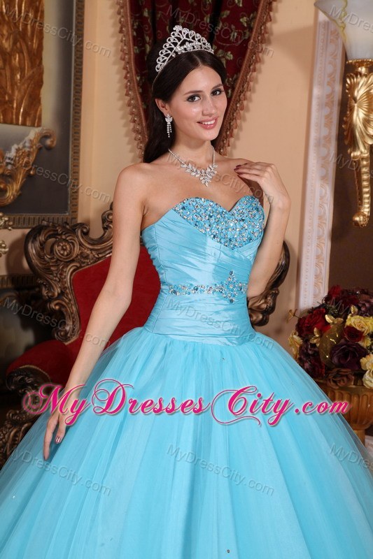 Aqua Sweetheart Beading and Ruches Quinceanera Party Dress