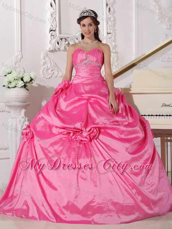 Rose Pink Sweetheart Hand Made Flowers Quinceanera Dress