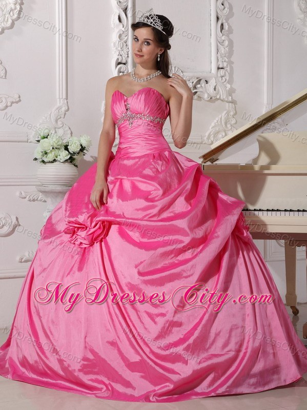 Rose Pink Sweetheart Hand Made Flowers Quinceanera Dress